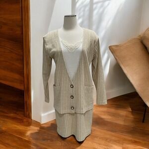 Vintage Jessica Stevens Gold Metallic Knit Cardigan Skirt Suit M Elegant Office
